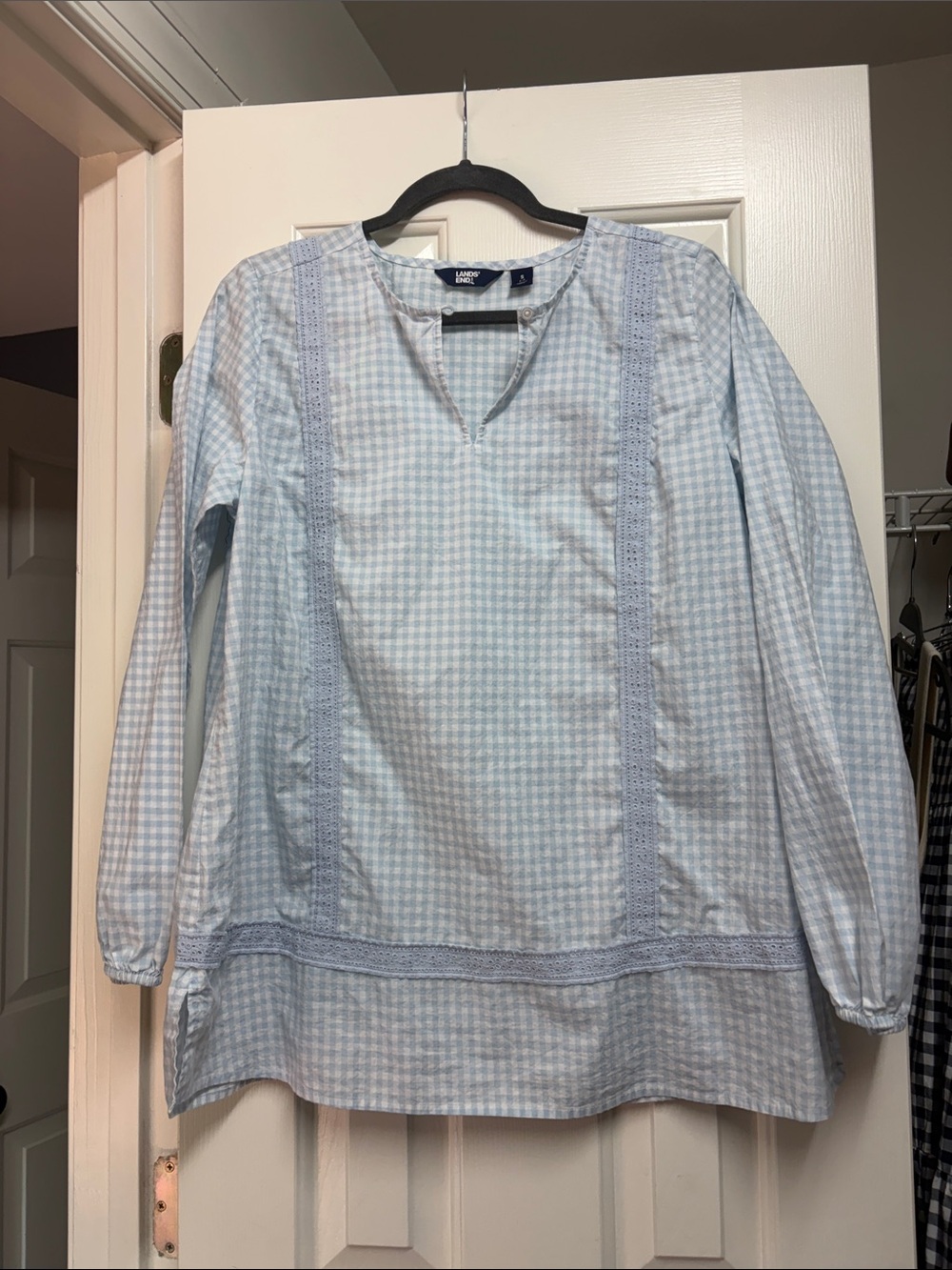 Lands' End Pale Blue and White Gingham Lace-Trim Tunic swim cover up